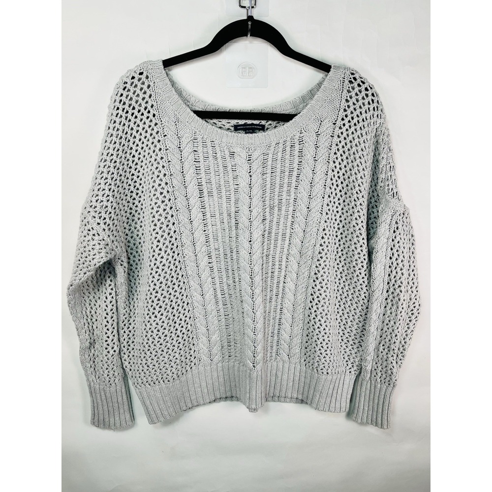 AE American Eagle Sweater Gray Open Knit Long Sleeve Women's XL Crochet Fall EUC